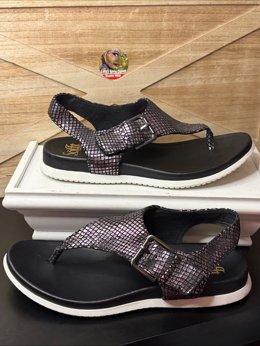Sofft Farlyn Slingback Thong Sandals Sz 7.5 Leather Metallic Black Textured #583